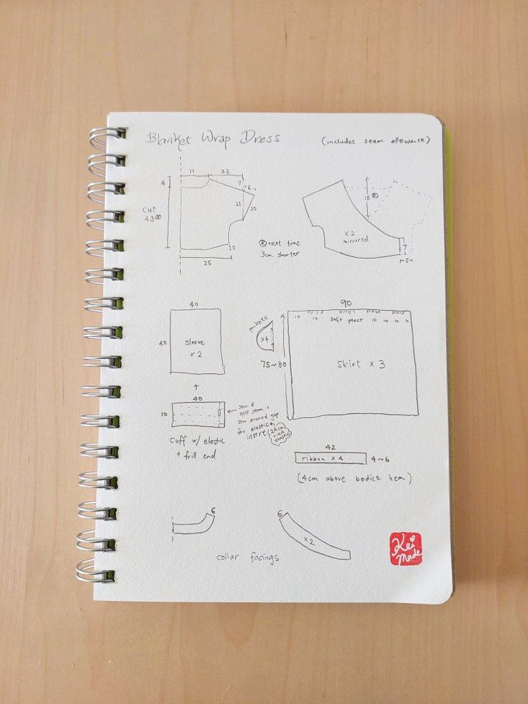 Blueprint sewing pattern of a wrap dress sewn from a queen-size blanket by KeiMade.