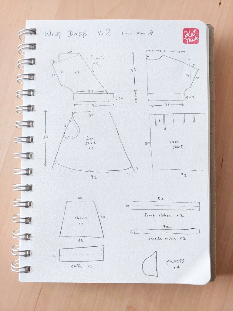 Version 2 of blueprint sewing pattern of a wrap dress sewn from a queen-size blanket by KeiMade.