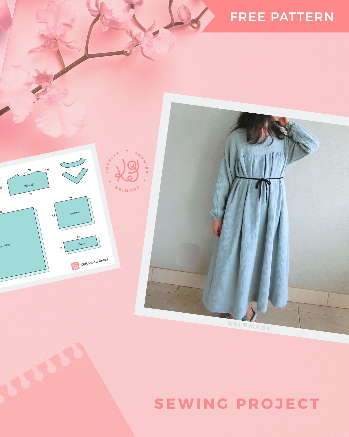 Sewing pattern for a gathered yoke midi dress with long puff sleeves