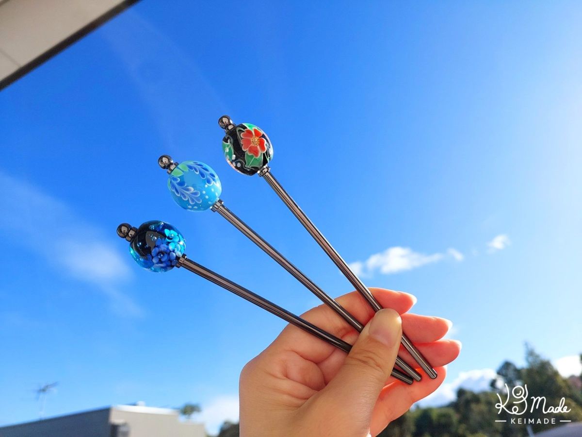 DIY Kanzashi Hair Sticks with Tombo-dama Lampwork Beads